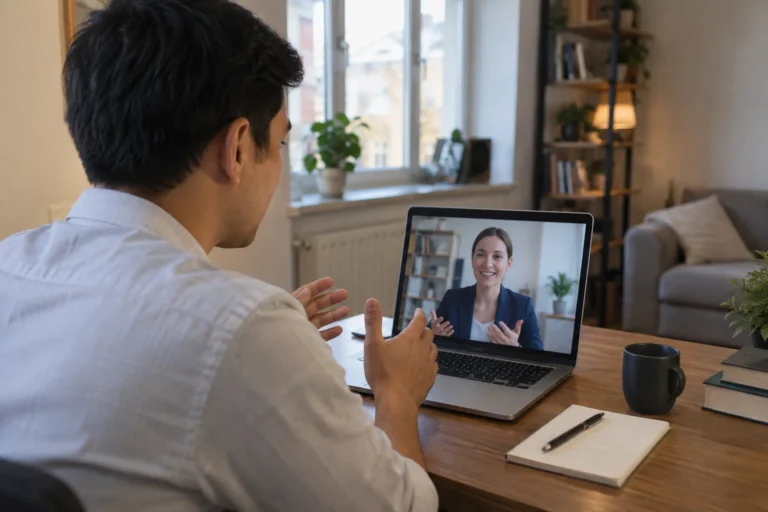Eine Person nimmt am Laptop an einem Online-Vorstellungsgespräch teil