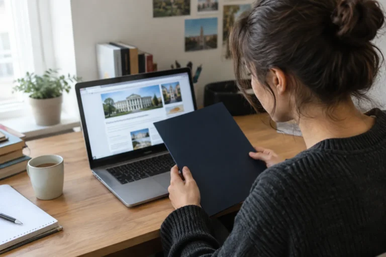 A woman with a diploma folder checks university information