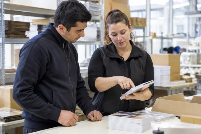 A new employee clarifies a task with a colleague at a packing table